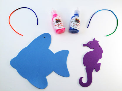 Art Activity inspired by the book Over in the Ocean in a Coral Reef: Create a 3 Dimensional fish and Seahorse Ornament with puffy paint