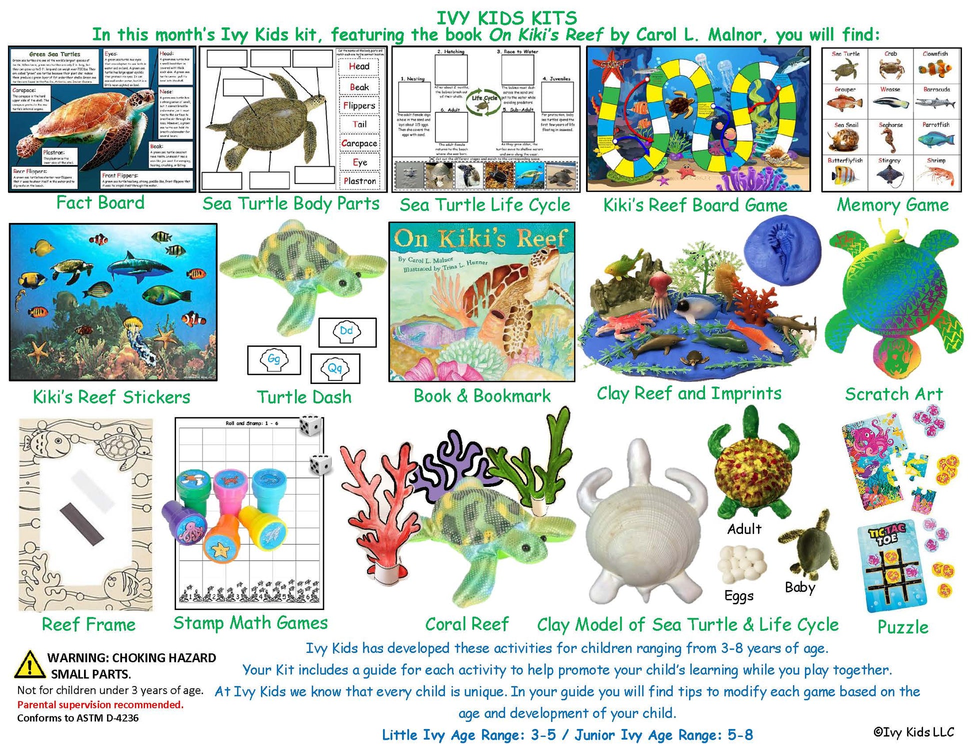 Activities inspired by the book On Kiki's Reef. Coral reef and green sea turtle themed activities. 