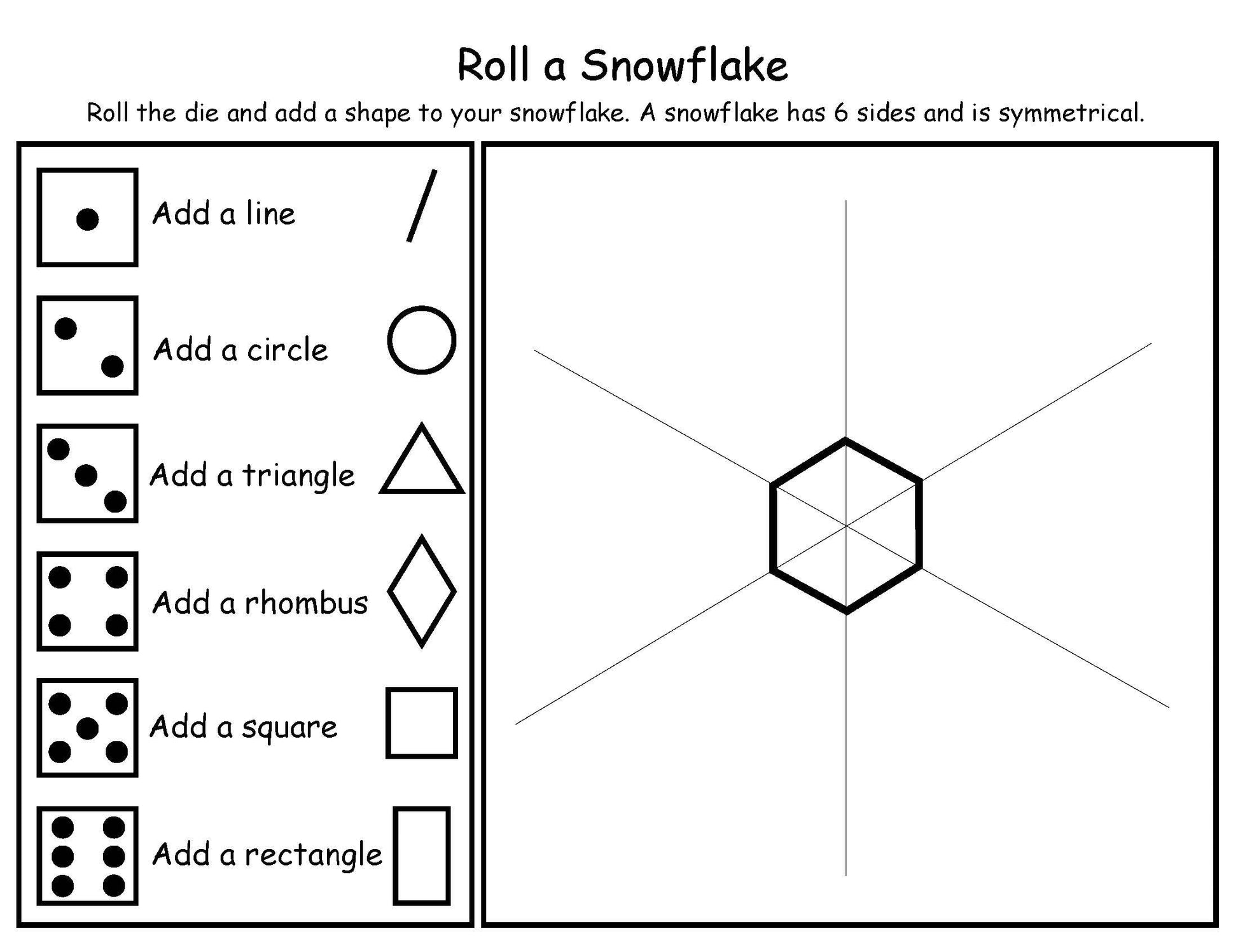 roll a snowflake game math and science activity